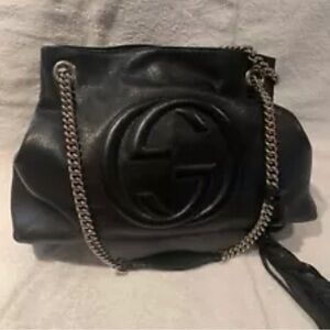 Auth GUCCI Tote Bag Soho Chain GG Black Leather Hand Bag EUC